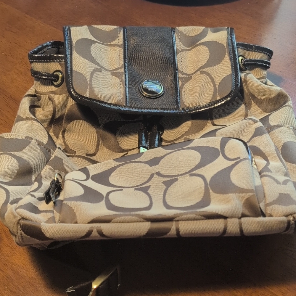 Coach Signature Tan and Black Backpack